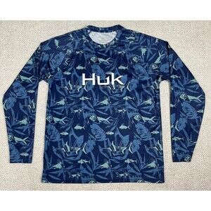 HUK Fishing Shirt Men's Size Medium Blue Long Sleeve Lightweight All Over Print